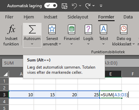 SUM-formel (Excel Autosum).